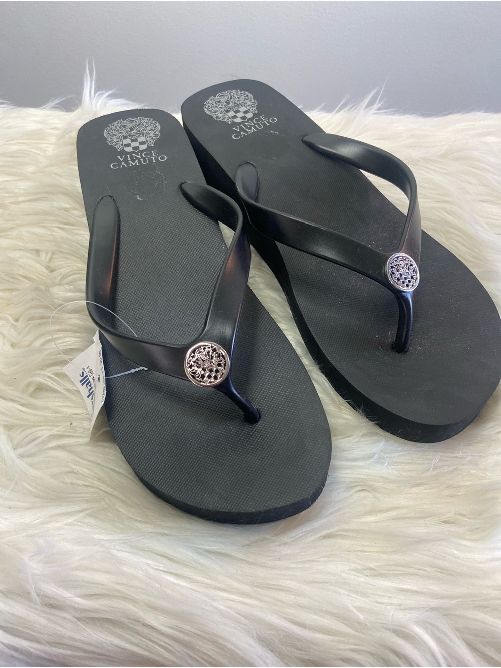 Vince Camuto Black Flip Flop Sandals with Silver Medallion